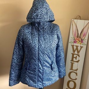 LANDS’ END Girls Size 16 Blue Heart Print Zip Front Jacket Soft Faux Fur Lining